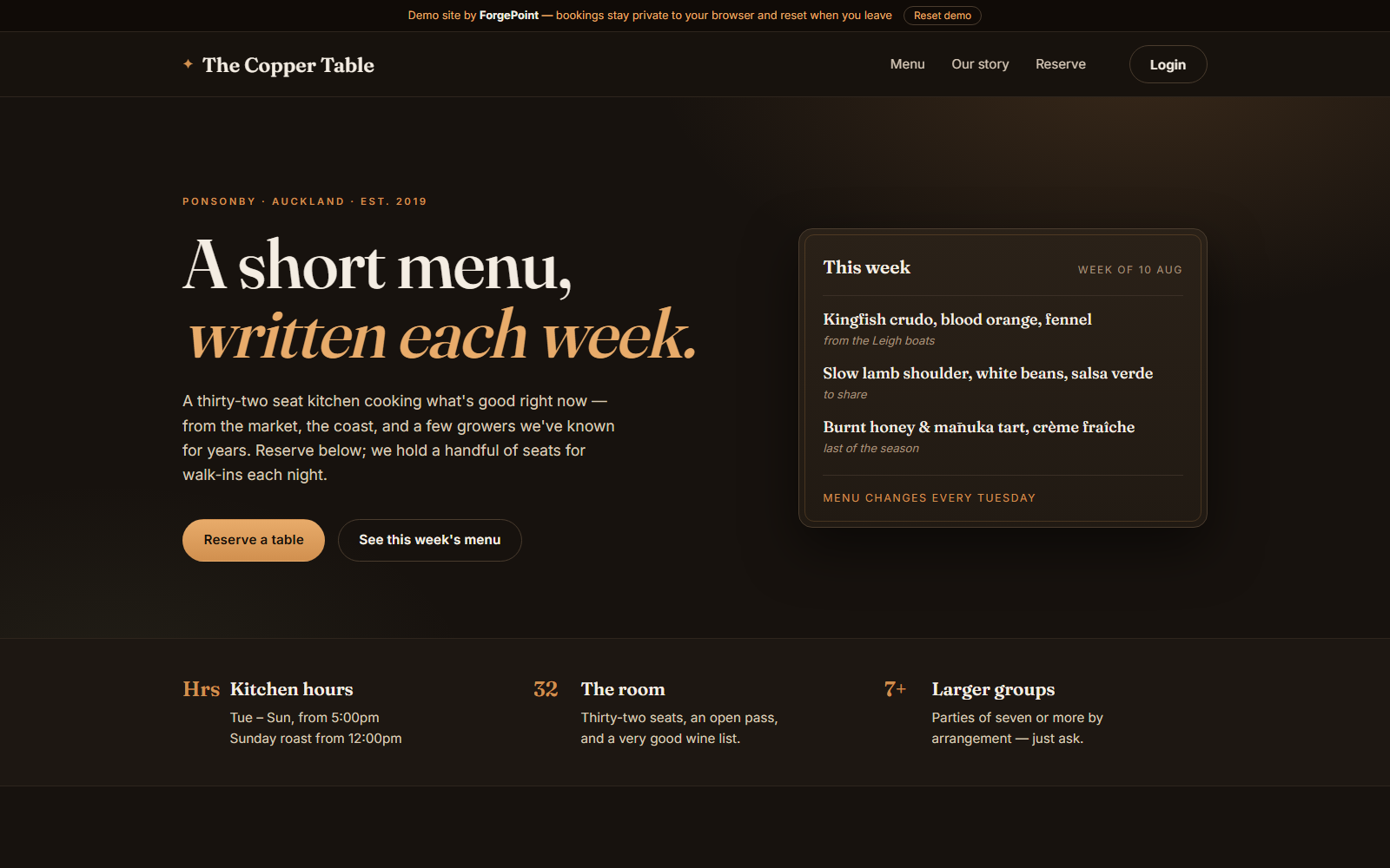 The Copper Table example restaurant booking website homepage